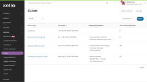 Events report in Xello. There are four events listed with registered institutions and registered students.